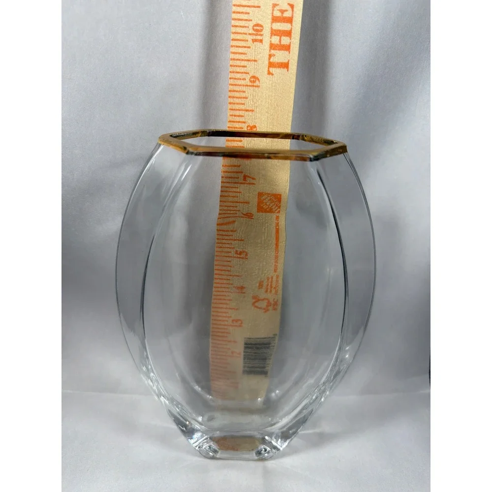 Vintage Clear Glass Hexagon Rim Vase Gold Trim